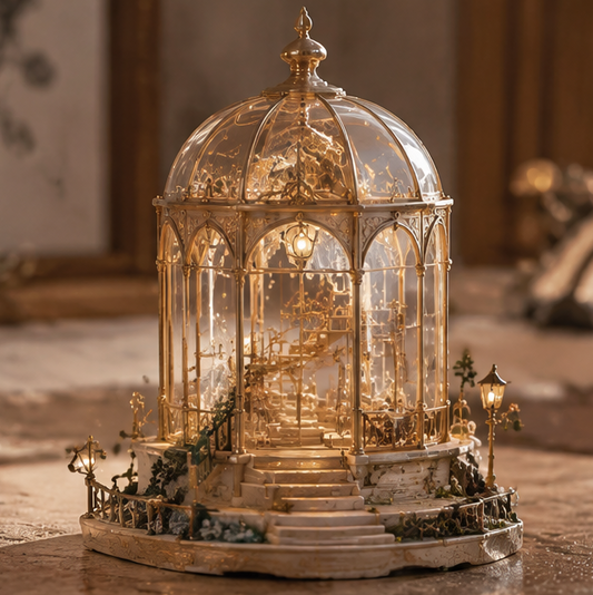 Golden-toned miniature domed pavilion with winding staircase and greenery