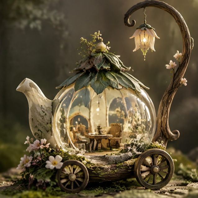 Teapot carriage diorama with leaf-style roof, miniature tea room and floral lantern, without text