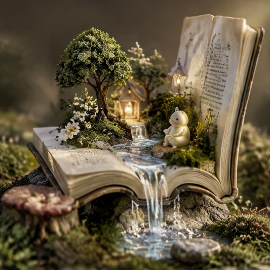 Open-book forest diorama with miniature trees, cottage and waterfall-effect stream, without promotional text