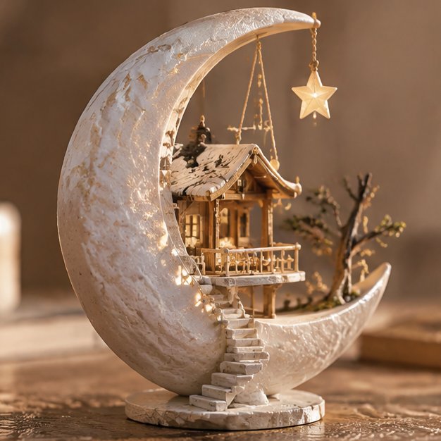 Crescent moon miniature with cottage, winding staircase and hanging star, without text