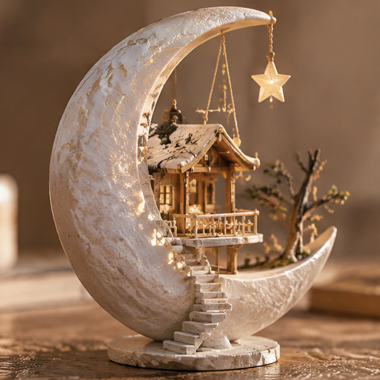 Crescent moon miniature with cottage, winding staircase and hanging star, without text