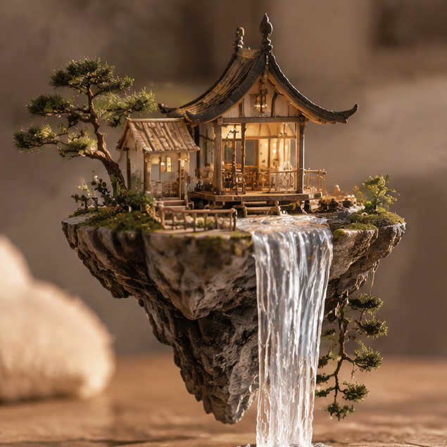 Floating-island-style miniature house with waterfall-effect detail, without text