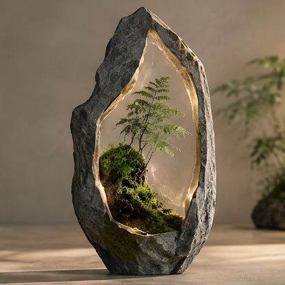 Upright rock grotto moss terrarium with delicate branching plants, without text