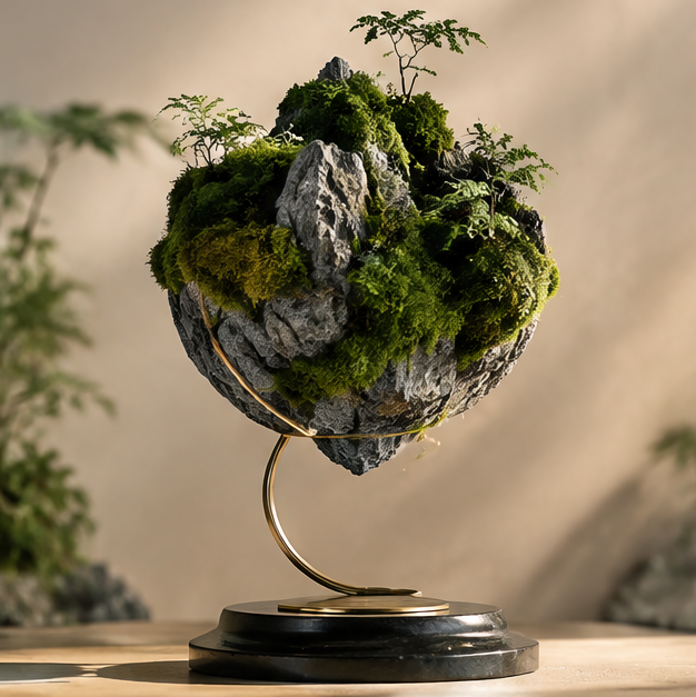Moss mountain globe on a gold-toned curved stand and dark stepped base, without text