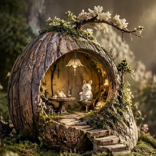Rabbit tea-time tree hollow diorama with flowering branch and miniature steps, without text