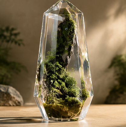 Clear faceted tower containing a vertical moss landscape, without text