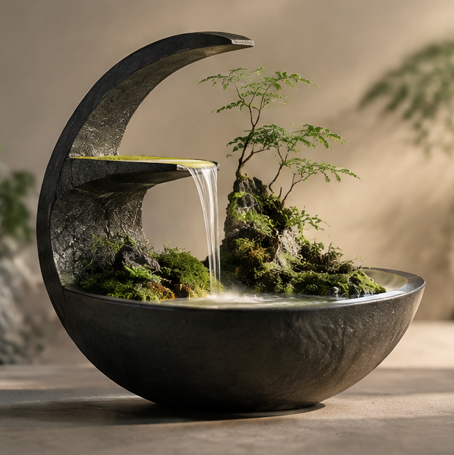 Crescent-framed waterfall landscape with moss-like greenery and miniature tree, without text