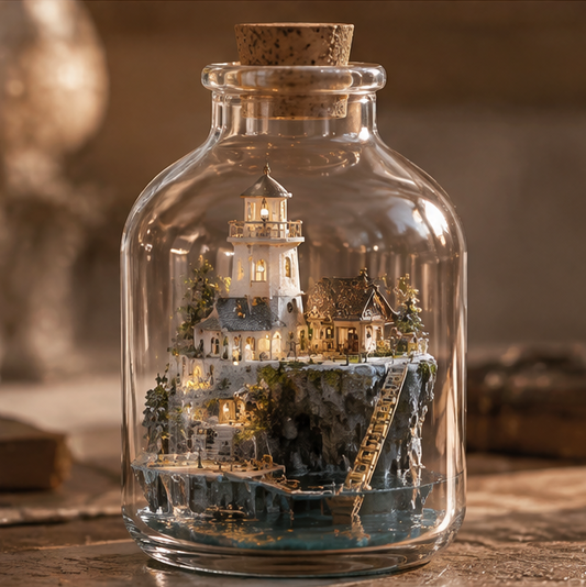 Miniature lighthouse and coastal cottages inside a clear bottle-shaped display