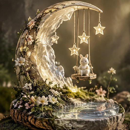 Crescent moon diorama with rabbit swing, hanging stars and woodland flowers, without text