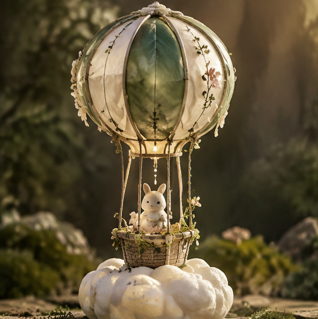 Bunny hot air balloon diorama with floral canopy and white cloud-style base, without text