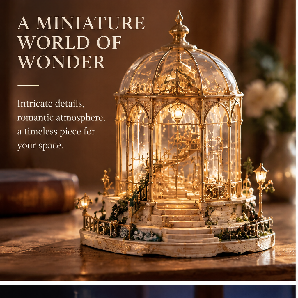 Miniature golden pavilion displayed with home decor styling