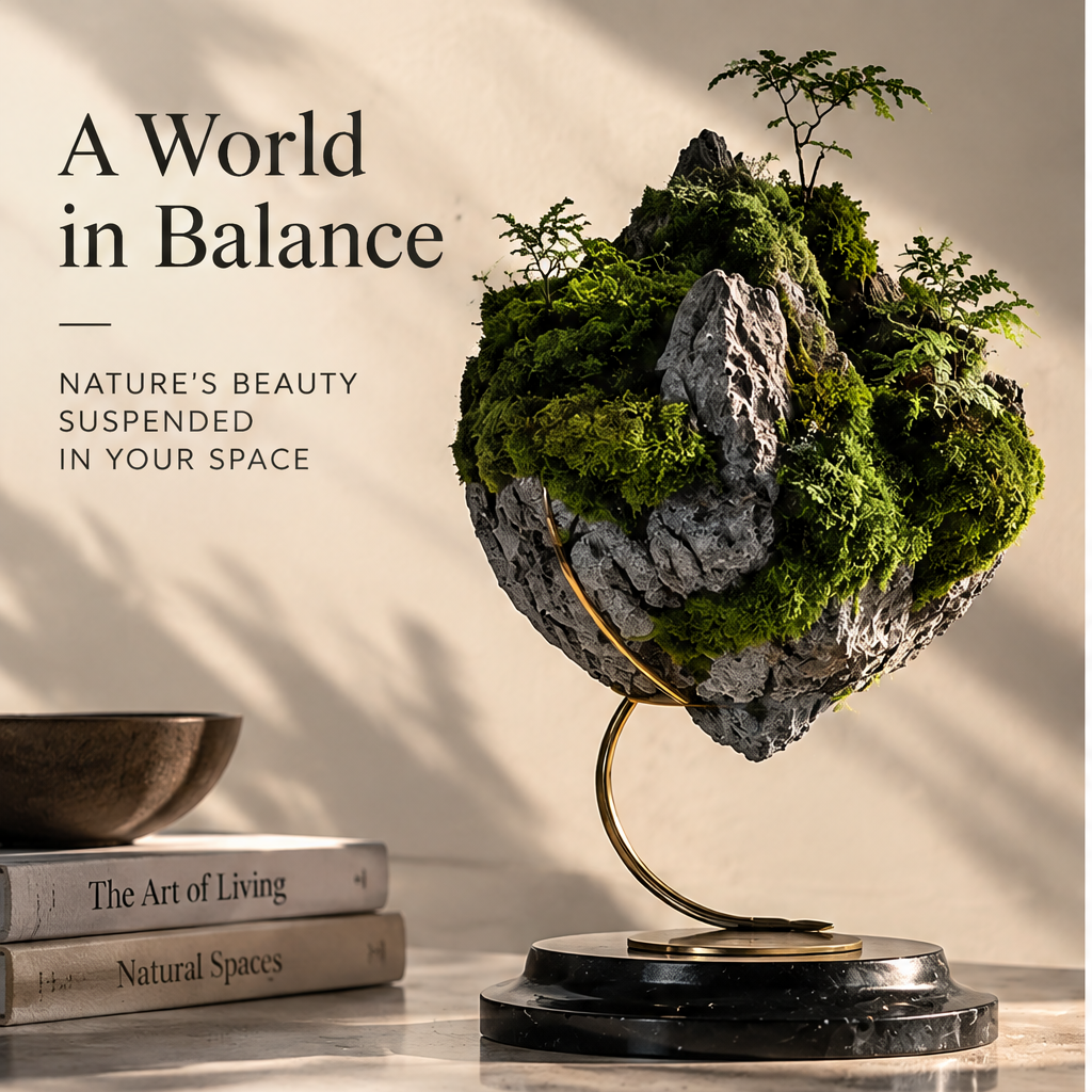 Front view of rounded moss mountain landscape and visible display stand