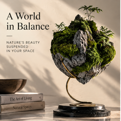 Front view of rounded moss mountain landscape and visible display stand