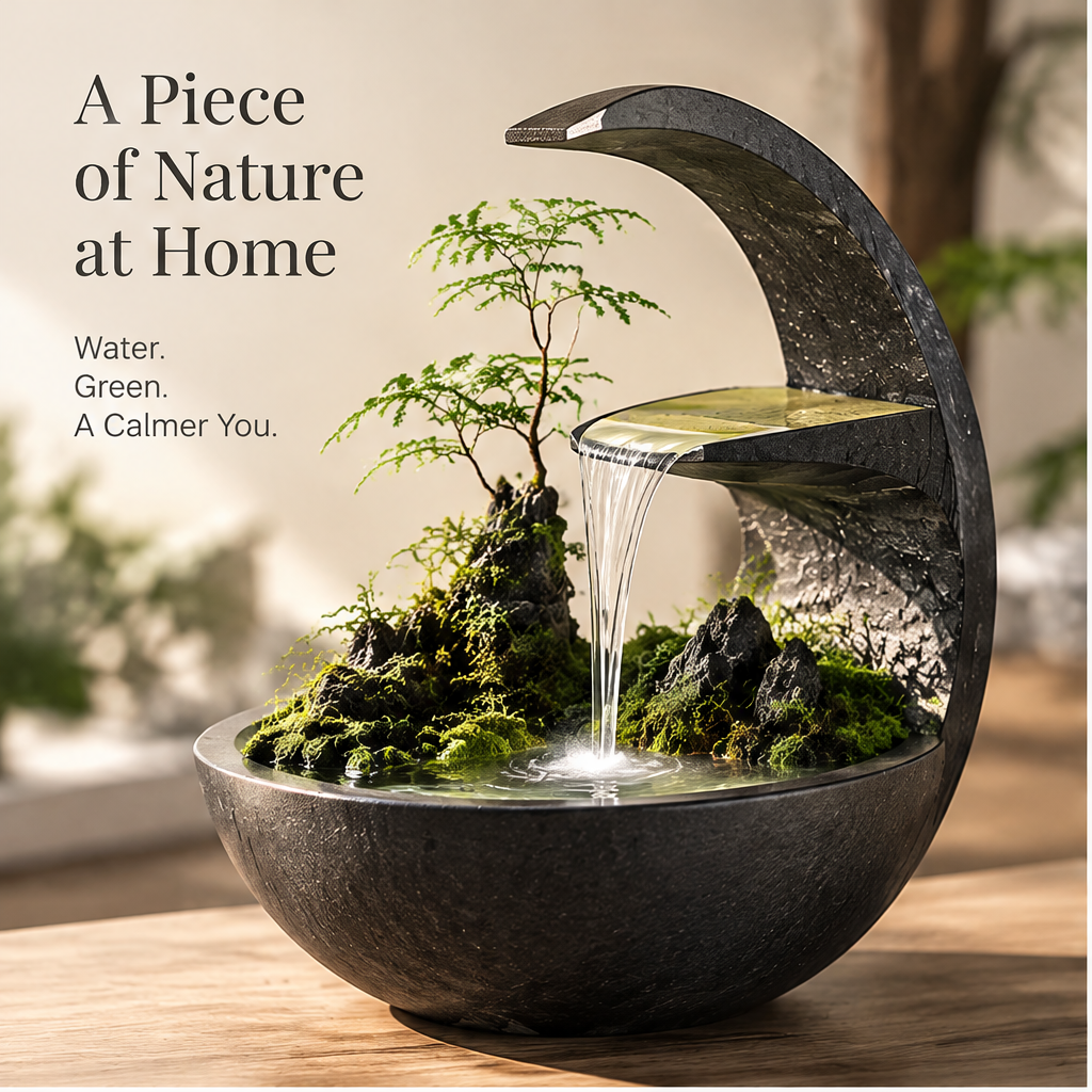 Full view of dark crescent waterfall display and miniature rocky landscape