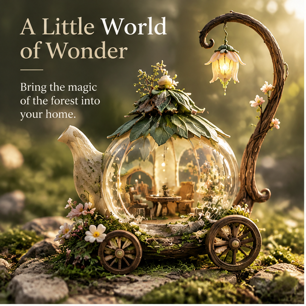 Full view of woodland-inspired teapot carriage with decorative spoked wheels
