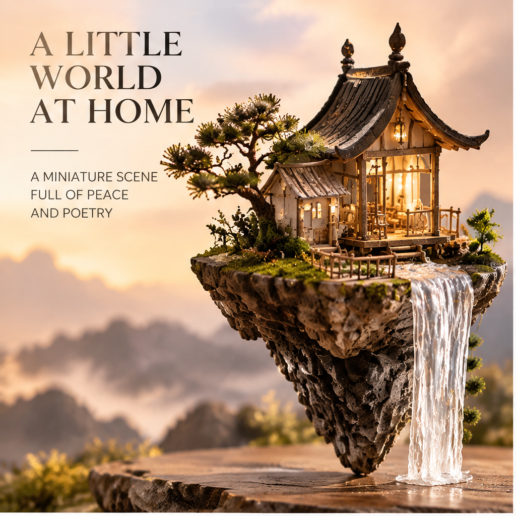 Full view of miniature curved-roof house on a rocky fantasy island