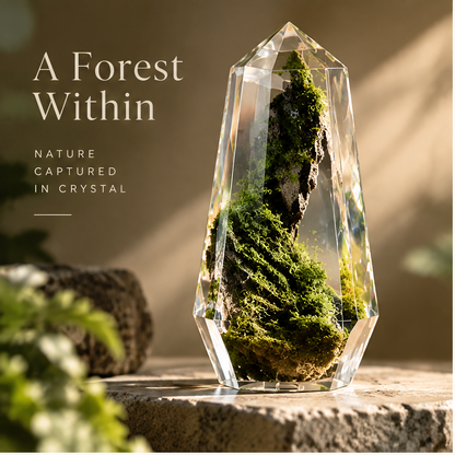 Full view of pointed crystal-glass moss tower displayed on a table