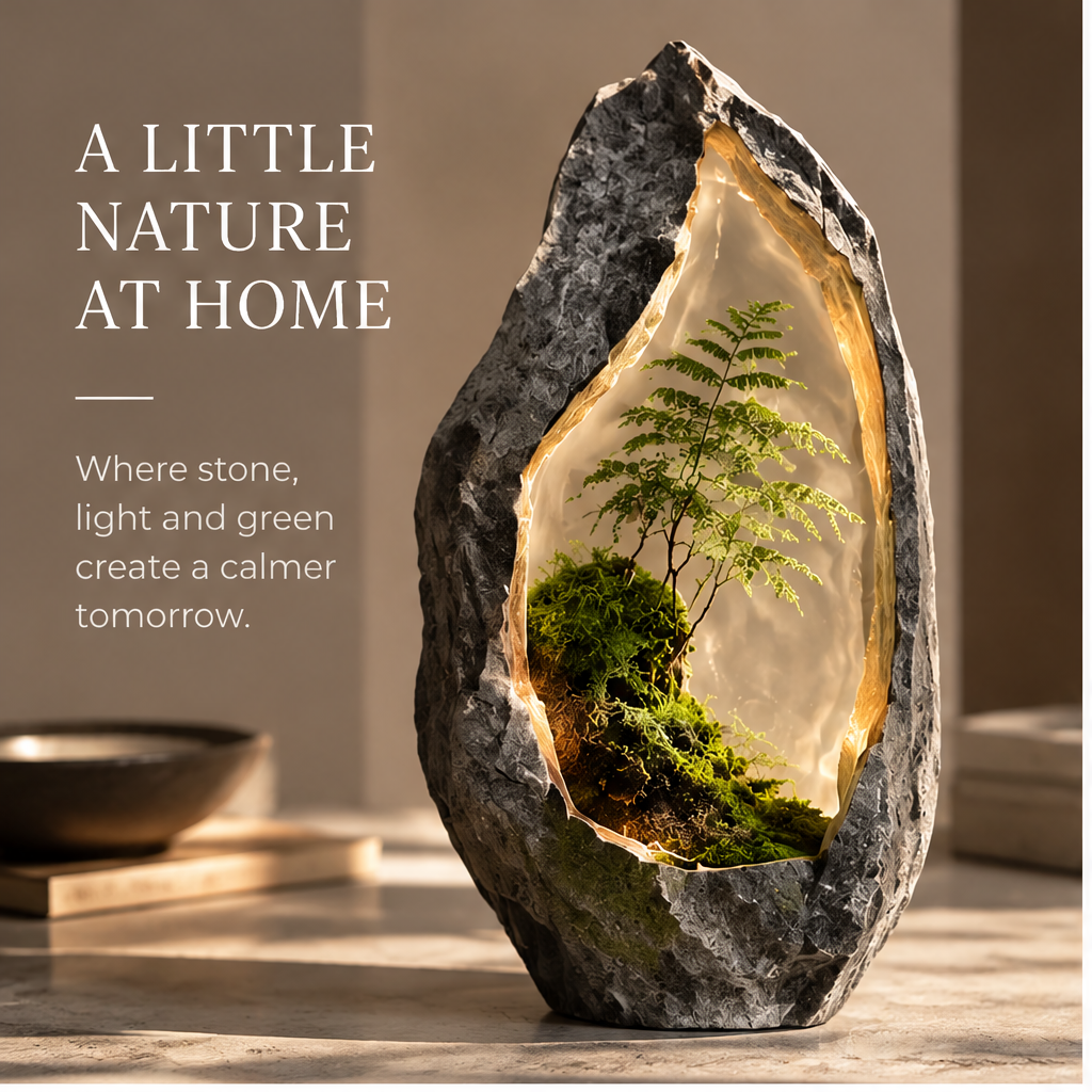 Front view of sculptural grey grotto framing a miniature moss landscape