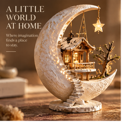 Front view of crescent moon cottage miniature with warm glowing accents