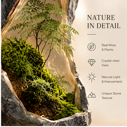 Side view showing rugged grey exterior and asymmetrical grotto opening