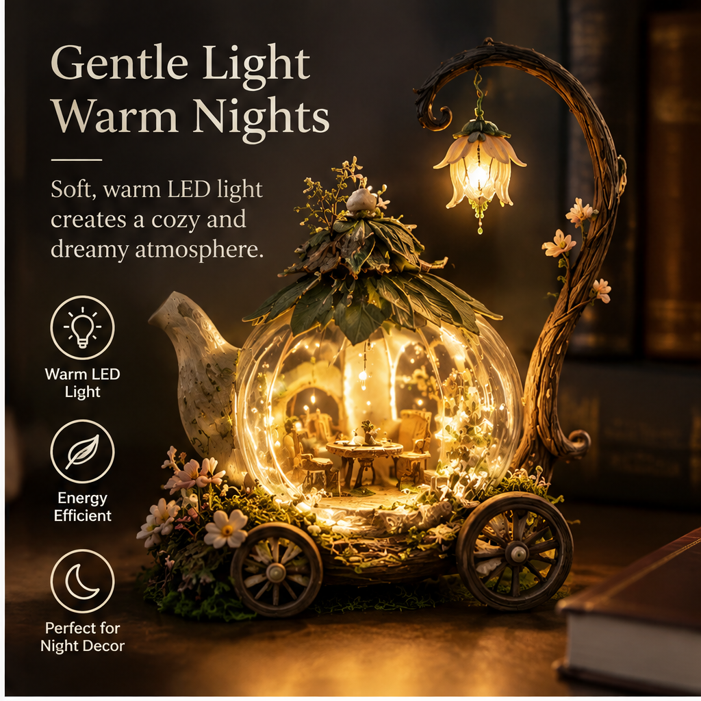 Teapot carriage miniature shown with warm LED lighting