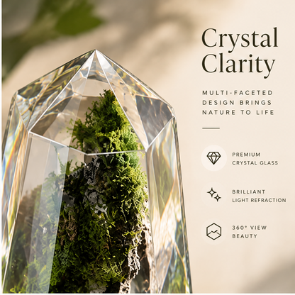 Angled view of moss-covered upright formation inside the faceted tower