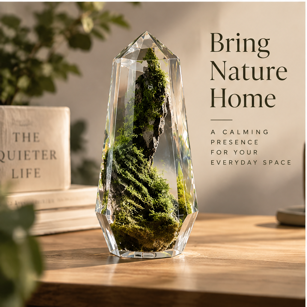 Close-up of pointed crystal-glass facets and green moss textures