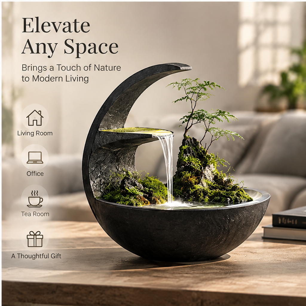 Crescent waterfall landscape styled on a table in a living space