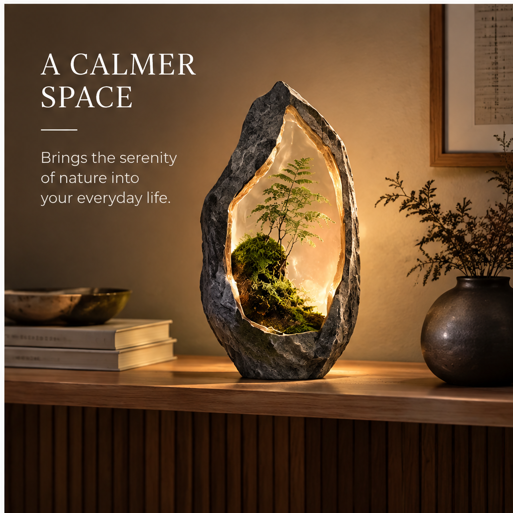 Rock grotto woodland display styled on a sideboard in warm lighting